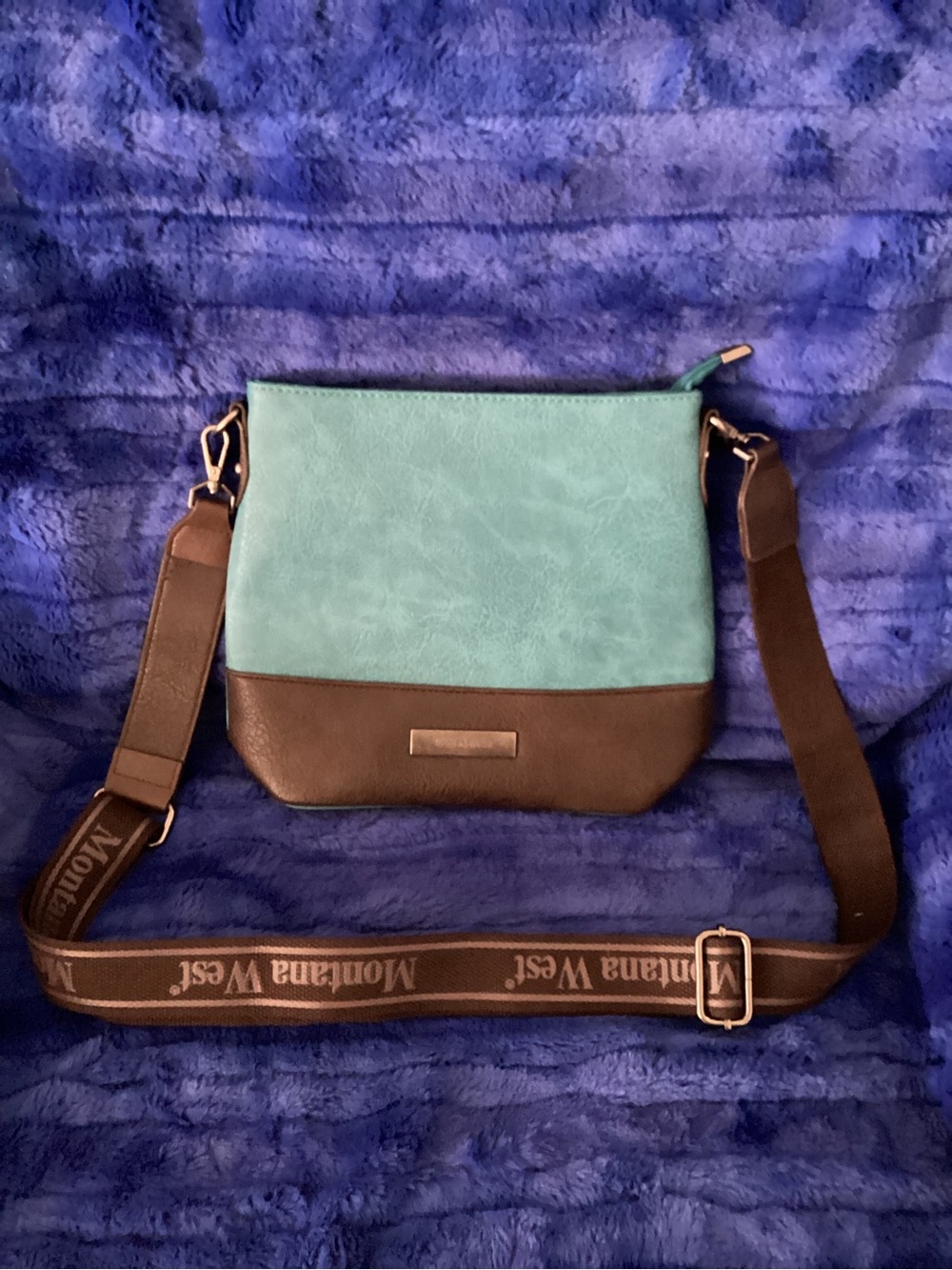 Montana West Teal and Brown Crossbody Bag with Branded Strap